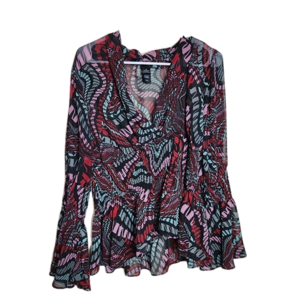 Bisou Bisou Sheer Flare Sleeve Ruched Top Size Large